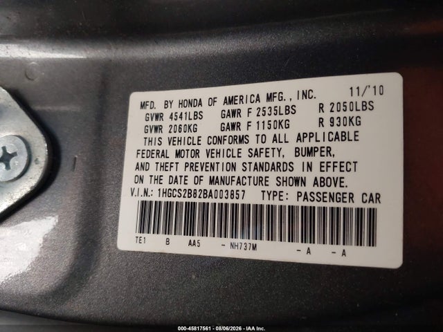 Продажа на аукционе авто 2011 Honda Accord 3.5 Ex-l, vin: 1HGCS2B82BA003857, номер лота: 45817561