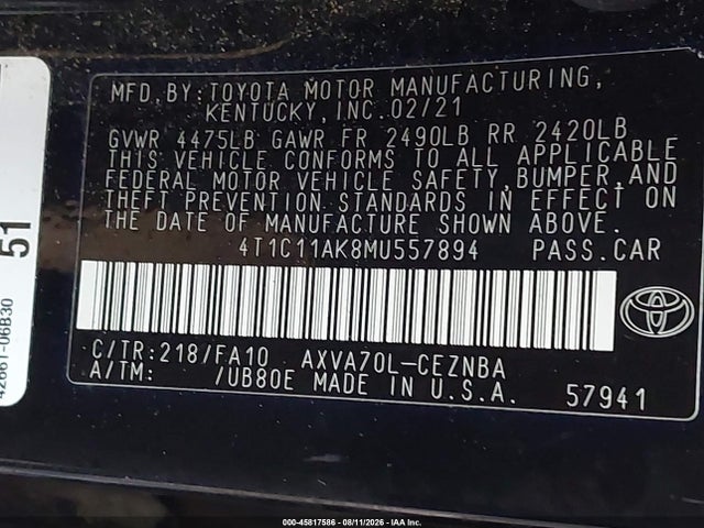 Продажа на аукционе авто 2021 Toyota Camry Le, vin: 4T1C11AK8MU557894, номер лота: 45817586
