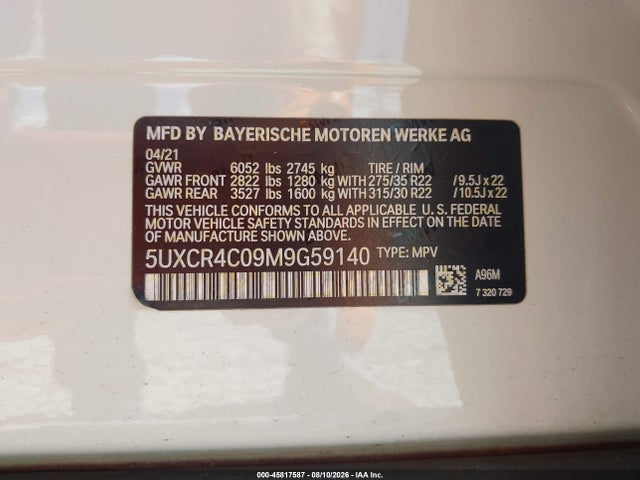 45817587 :رقم المزاد ، 5UXCR4C09M9G59140 vin ، 2021 Bmw X5 Sdrive40i مزاد بيع