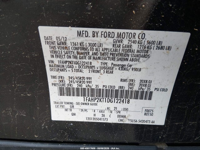Продажа на аукционе авто 2013 Ford Taurus Sho, vin: 1FAHP2KT1DG122418, номер лота: 45817609
