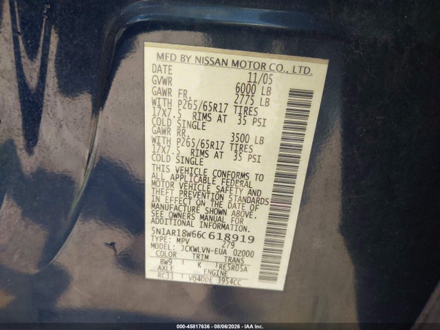 Продаж на аукціоні авто 2006 Nissan Pathfinder Le, vin: 5N1AR18W66C618919, номер лоту: 45817636