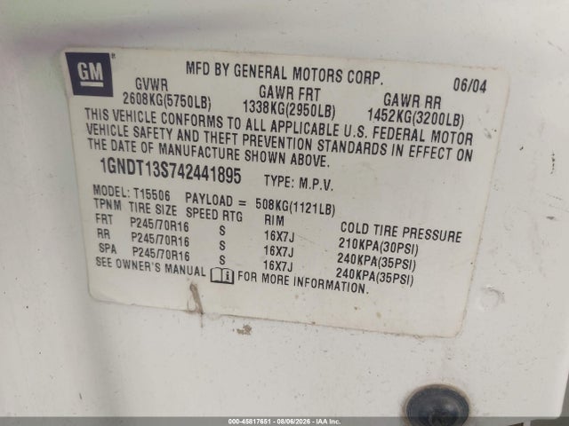 45817651 :رقم المزاد ، 1GNDT13S742441895 vin ، 2004 Chevrolet Trailblazer Ls مزاد بيع