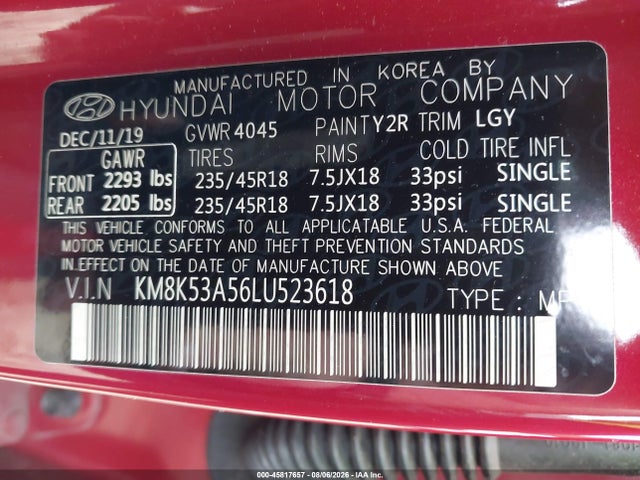 45817657 :رقم المزاد ، KM8K53A56LU523618 vin ، 2020 Hyundai Kona Ultimate مزاد بيع