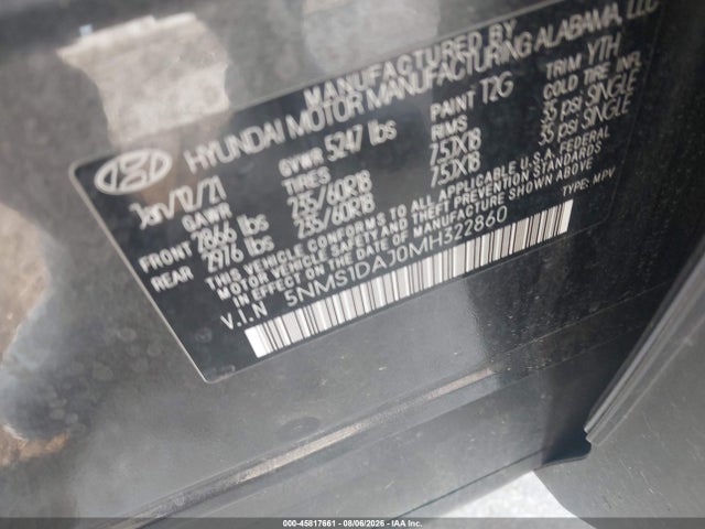 Aukcja sprzedaży 2021 Hyundai Santa Fe Se, vin: 5NMS1DAJ0MH322860, numer aukcji: 45817661