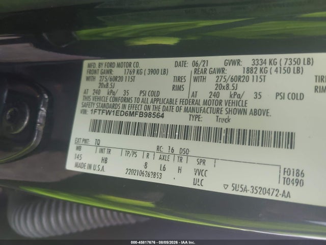 Ford F-150 Lariat 2021 1FTFW1ED6MFB98564 Image 9