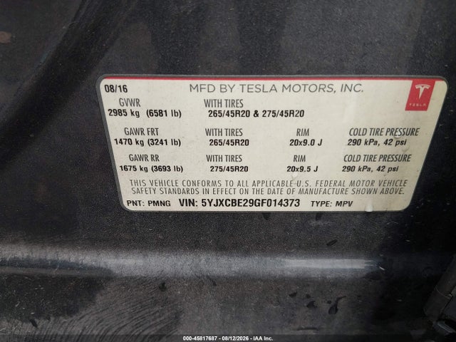 Продаж на аукціоні авто 2016 Tesla Model X 60d/70d/75d/90d/p100d, vin: 5YJXCBE29GF014373, номер лоту: 45817687