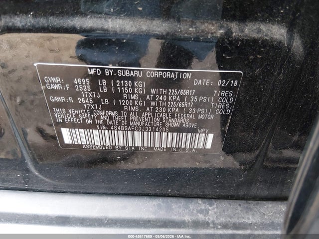 Aukcja sprzedaży 2018 Subaru Outback 2.5i Premium, vin: 4S4BSAFC0J3314205, numer aukcji: 45817689