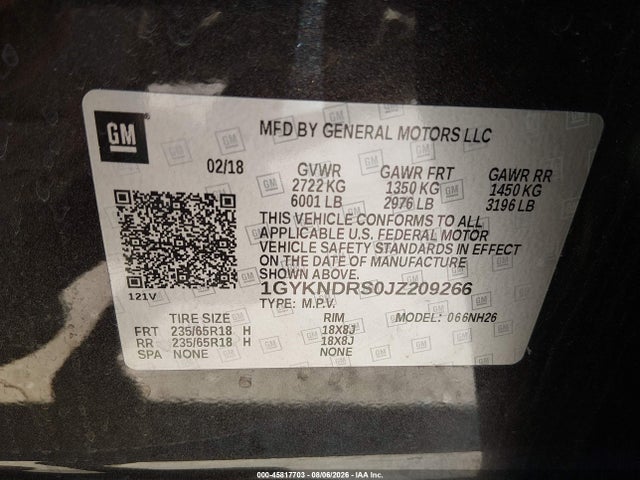 45817703 :رقم المزاد ، 1GYKNDRS0JZ209266 vin ، 2018 Cadillac Xt5 Luxury مزاد بيع