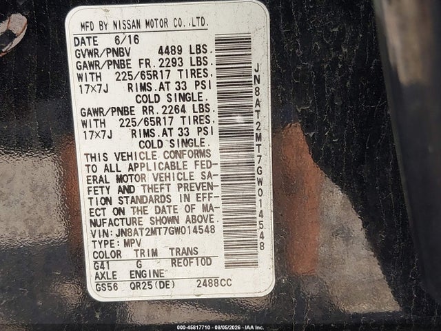 2016 Nissan Rogue S მანქანა იყიდება აუქციონზე, vin: JN8AT2MT7GW014548, აუქციონის ნომერი: 45817710