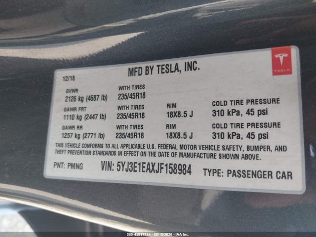 Продаж на аукціоні авто 2018 Tesla Model 3 Long Range/mid Range, vin: 5YJ3E1EAXJF158984, номер лоту: 45817714