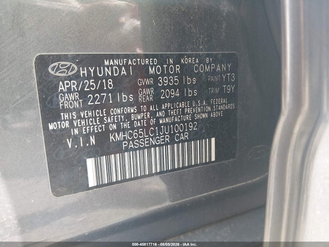 KMHC65LC1JU100192 Hyundai Ioniq Hybrid Blue