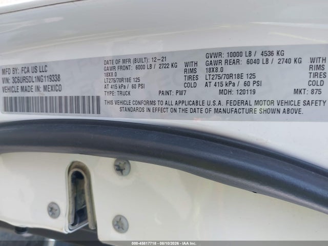 Auction sale of the 2022 Ram 2500 Big Horn  4x4 6'4 Box, vin: 3C6UR5DL1NG119338, lot number: 45817718