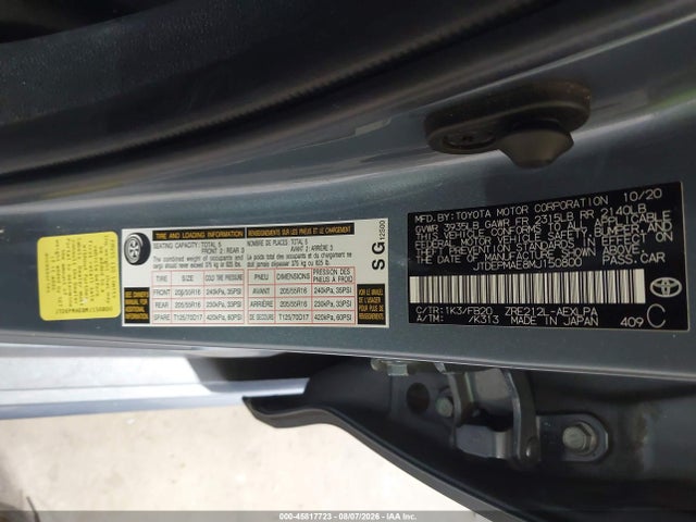45817723 :رقم المزاد ، JTDEPMAE8MJ150800 vin ، 2021 Toyota Corolla Le مزاد بيع