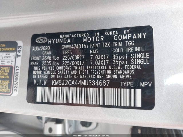 Aukcja sprzedaży 2021 Hyundai Tucson Se, vin: KM8J2CA44MU334687, numer aukcji: 45817727