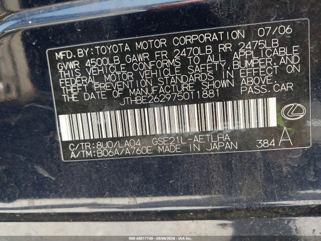 Aukcja sprzedaży 2007 Lexus Is 350, vin: JTHBE262975011881, numer aukcji: 45817749
