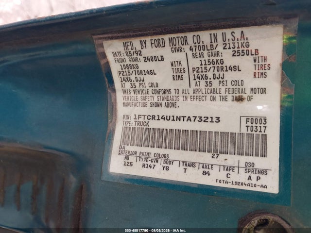 1992 Ford Ranger Super Cab მანქანა იყიდება აუქციონზე, vin: 1FTCR14U1NTA73213, აუქციონის ნომერი: 45817750