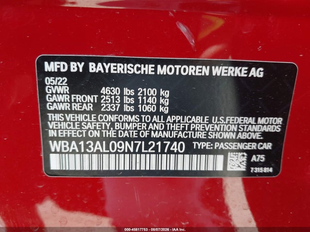 45817753 :رقم المزاد ، WBA13AL09N7L21740 vin ، 2022 Bmw M235 Gran Coupe I Xdrive مزاد بيع
