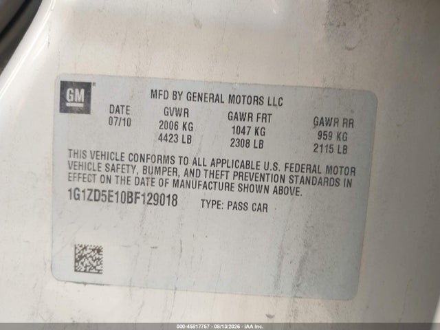 2011 Chevrolet Malibu 2lt მანქანა იყიდება აუქციონზე, vin: 1G1ZD5E10BF129018, აუქციონის ნომერი: 45817757