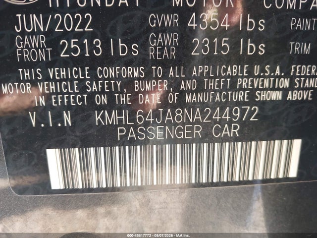 45817772 :رقم المزاد ، KMHL64JA8NA244972 vin ، 2022 Hyundai Sonata Sel مزاد بيع