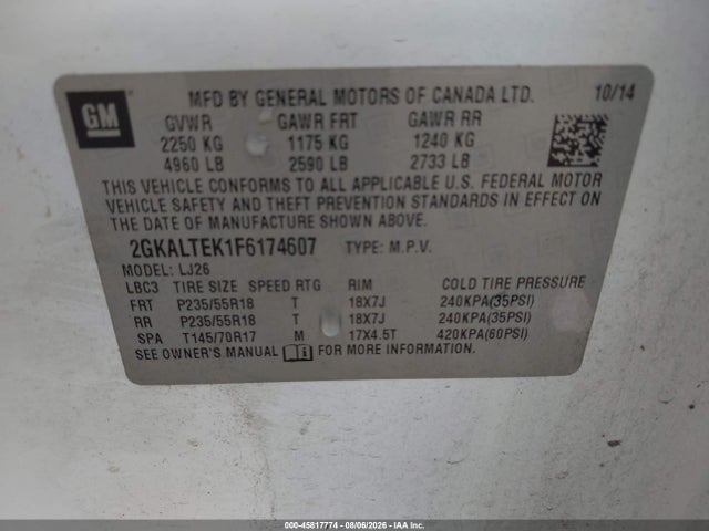Продажа на аукционе авто 2015 Gmc Terrain Slt-2, vin: 2GKALTEK1F6174607, номер лота: 45817774