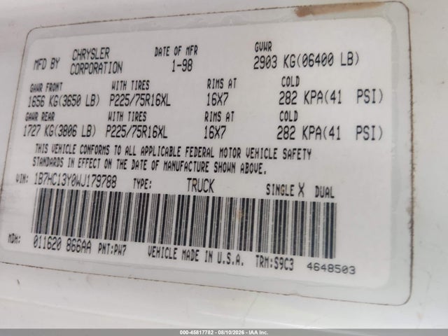 45817782 :رقم المزاد ، 1B7HC13Y0WJ179788 vin ، 1998 Dodge Ram 1500 St مزاد بيع