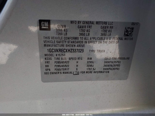 Aukcja sprzedaży 2017 Chevrolet Silverado 1500 2lt, vin: 1GCVKRECXHZ337029, numer aukcji: 45817796