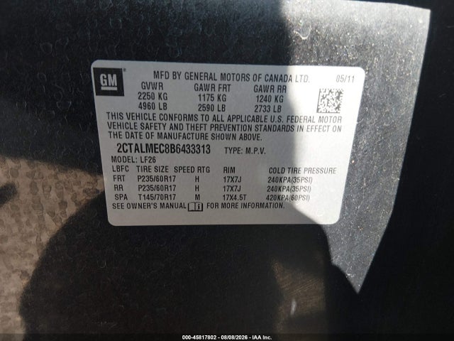 45817802 :رقم المزاد ، 2CTALMEC8B6433313 vin ، 2011 Gmc Terrain Sle-1 مزاد بيع