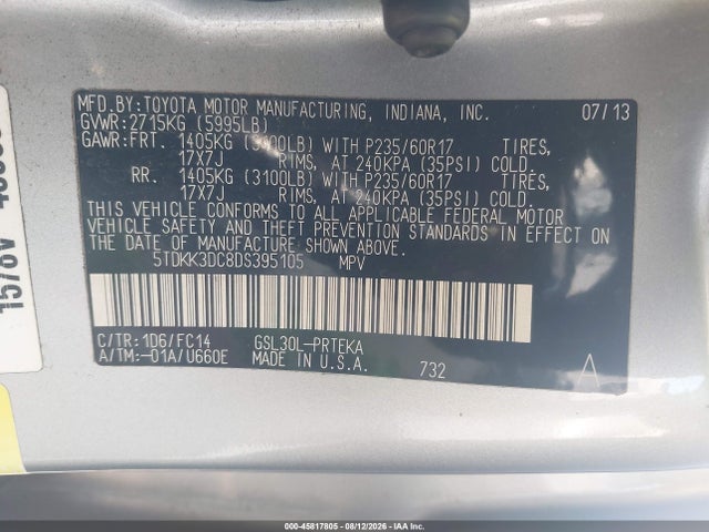 Продажа на аукционе авто 2013 Toyota Sienna Le V6 8 Passenger, vin: 5TDKK3DC8DS395105, номер лота: 45817805