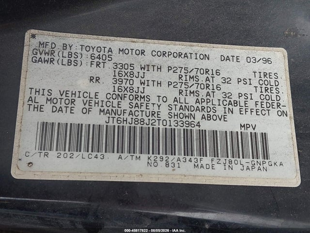 45817822 :رقم المزاد ، JT6HJ88J2T0133964 vin ، 1996 Lexus Lx 450 مزاد بيع