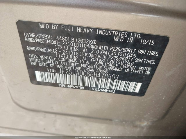 2016 Subaru Forester 2.5i Premium მანქანა იყიდება აუქციონზე, vin: JF2SJADC6GH478503, აუქციონის ნომერი: 45817828