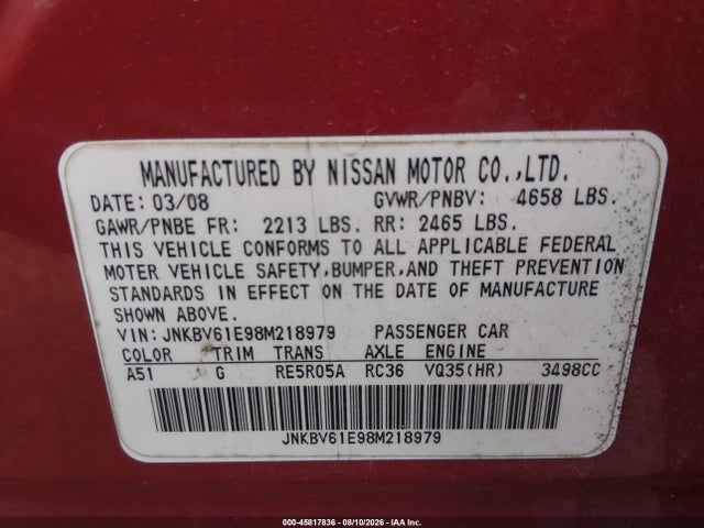 Продаж на аукціоні авто 2008 Infiniti G35 Journey, vin: JNKBV61E98M218979, номер лоту: 45817836