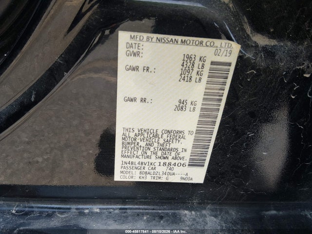 45817841 :رقم المزاد ، 1N4BL4BV1KC188406 vin ، 2019 Nissan Altima 2.5 S مزاد بيع