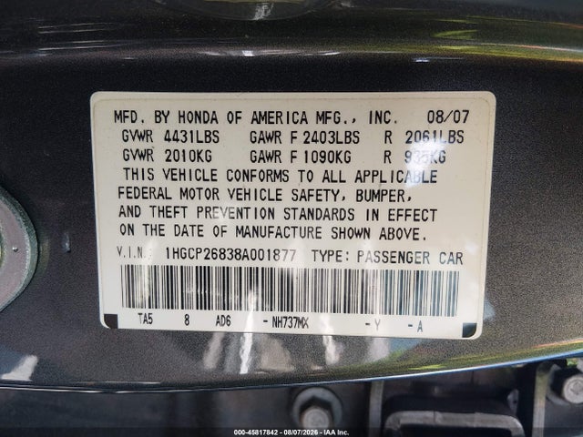 Продажа на аукционе авто 2008 Honda Accord 2.4 Ex-l, vin: 1HGCP26838A001877, номер лота: 45817842