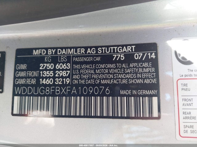 45817857 :رقم المزاد ، WDDUG8FBXFA109076 vin ، 2015 Mercedes-benz S 550 4matic مزاد بيع