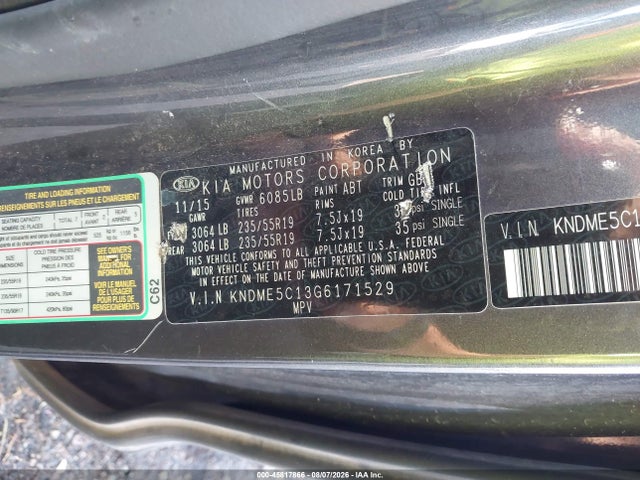 45817866 :رقم المزاد ، KNDME5C13G6171529 vin ، 2016 Kia Sedona Sx Luxury مزاد بيع