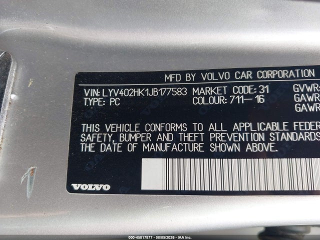 Aukcja sprzedaży 2018 Volvo S60 Inscription T5, vin: LYV402HK1JB177583, numer aukcji: 45817877