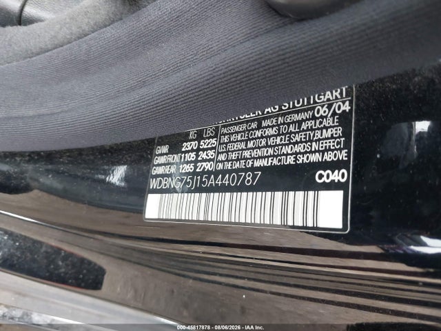 45817878 :رقم المزاد ، WDBNG75J15A440787 vin ، 2005 Mercedes-benz S 500 مزاد بيع