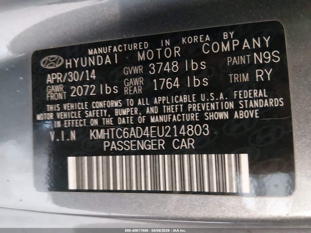 Aukcja sprzedaży 2014 Hyundai Veloster Base W/black, vin: KMHTC6AD4EU214803, numer aukcji: 45817886