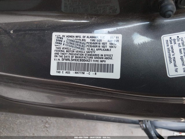 45817899 :رقم المزاد ، 5FNRL5H93CB004421 vin ، 2012 Honda Odyssey Touring/touring Elite مزاد بيع
