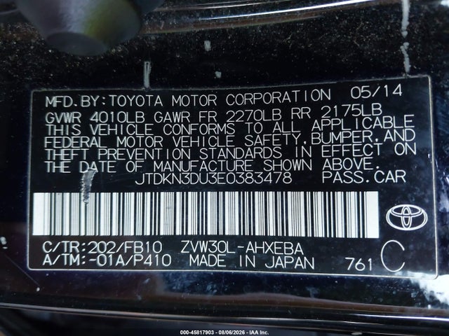Auction sale of the 2014 Toyota Prius Three, vin: JTDKN3DU3E0383478, lot number: 45817903