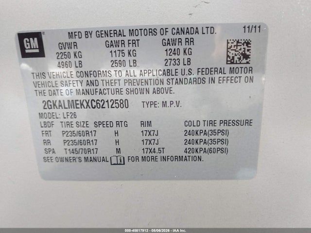 45817912 :رقم المزاد ، 2GKALMEKXC6212580 vin ، 2012 Gmc Terrain Sle-1 مزاد بيع