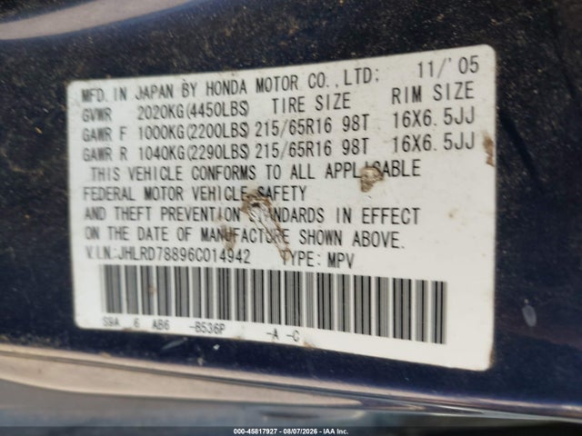 Aukcja sprzedaży 2006 Honda Cr-v Ex, vin: JHLRD78896C014942, numer aukcji: 45817927