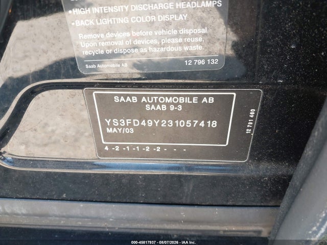 2003 Saab 9-3 Arc მანქანა იყიდება აუქციონზე, vin: YS3FD49Y231057418, აუქციონის ნომერი: 45817937