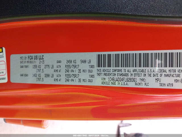 Продажа на аукционе авто 2015 Jeep Wrangler Unlimited Sport, vin: 1C4BJWDG4FL628361, номер лота: 45817945