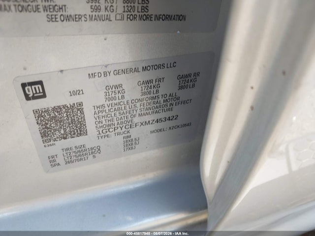 45817948 :رقم المزاد ، 1GCPYCEFXMZ453422 vin ، 2021 Chevrolet Silverado 1500 4wd  Short Bed Custom Trail Boss مزاد بيع