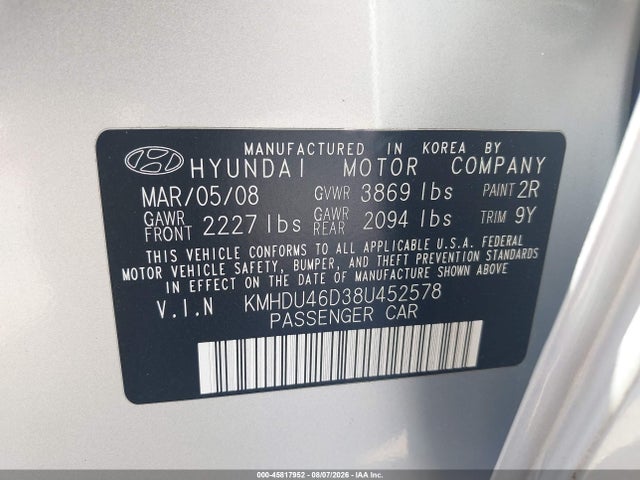 Aukcja sprzedaży 2008 Hyundai Elantra Gls/se, vin: KMHDU46D38U452578, numer aukcji: 45817952