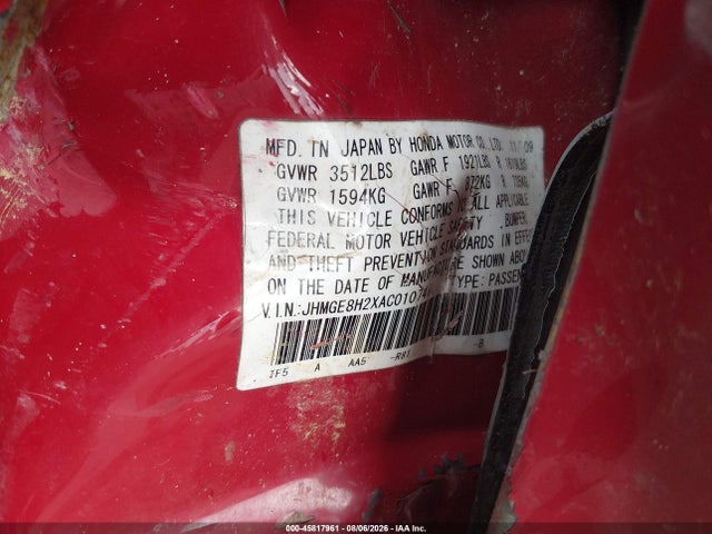 45817961 :رقم المزاد ، JHMGE8H2XAC010747 vin ، 2010 Honda Fit مزاد بيع