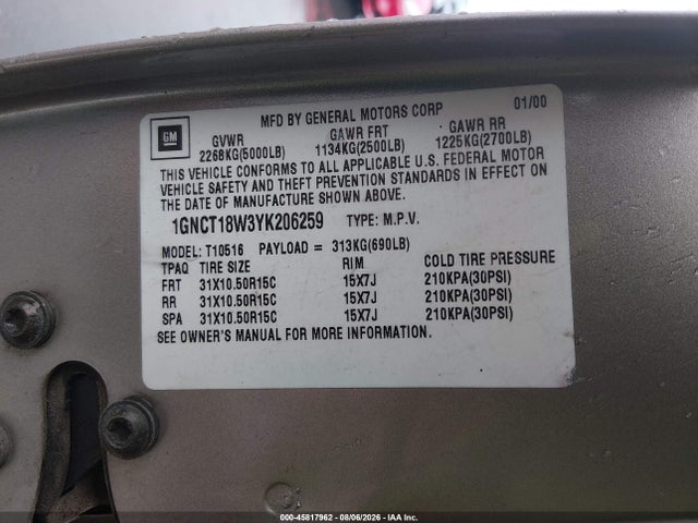 Продаж на аукціоні авто 2000 Chevrolet Blazer Ls, vin: 1GNCT18W3YK206259, номер лоту: 45817962