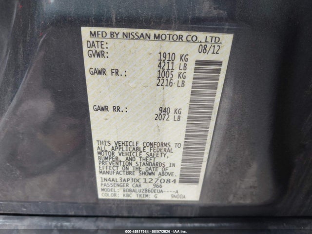 Aukcja sprzedaży 2013 Nissan Altima 2.5 Sv, vin: 1N4AL3AP3DC127084, numer aukcji: 45817964