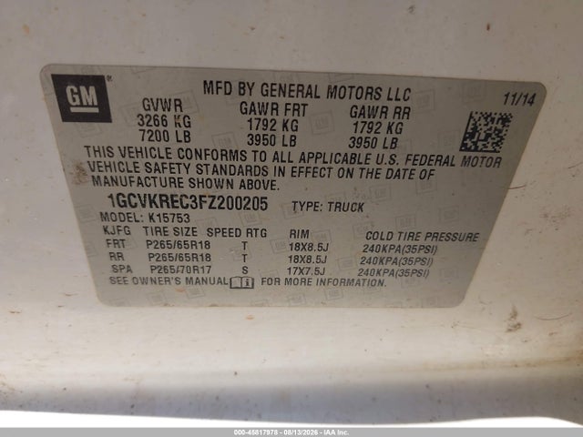 Chevrolet Silverado 1500 Lt 2015 1GCVKREC3FZ200205 Image 9